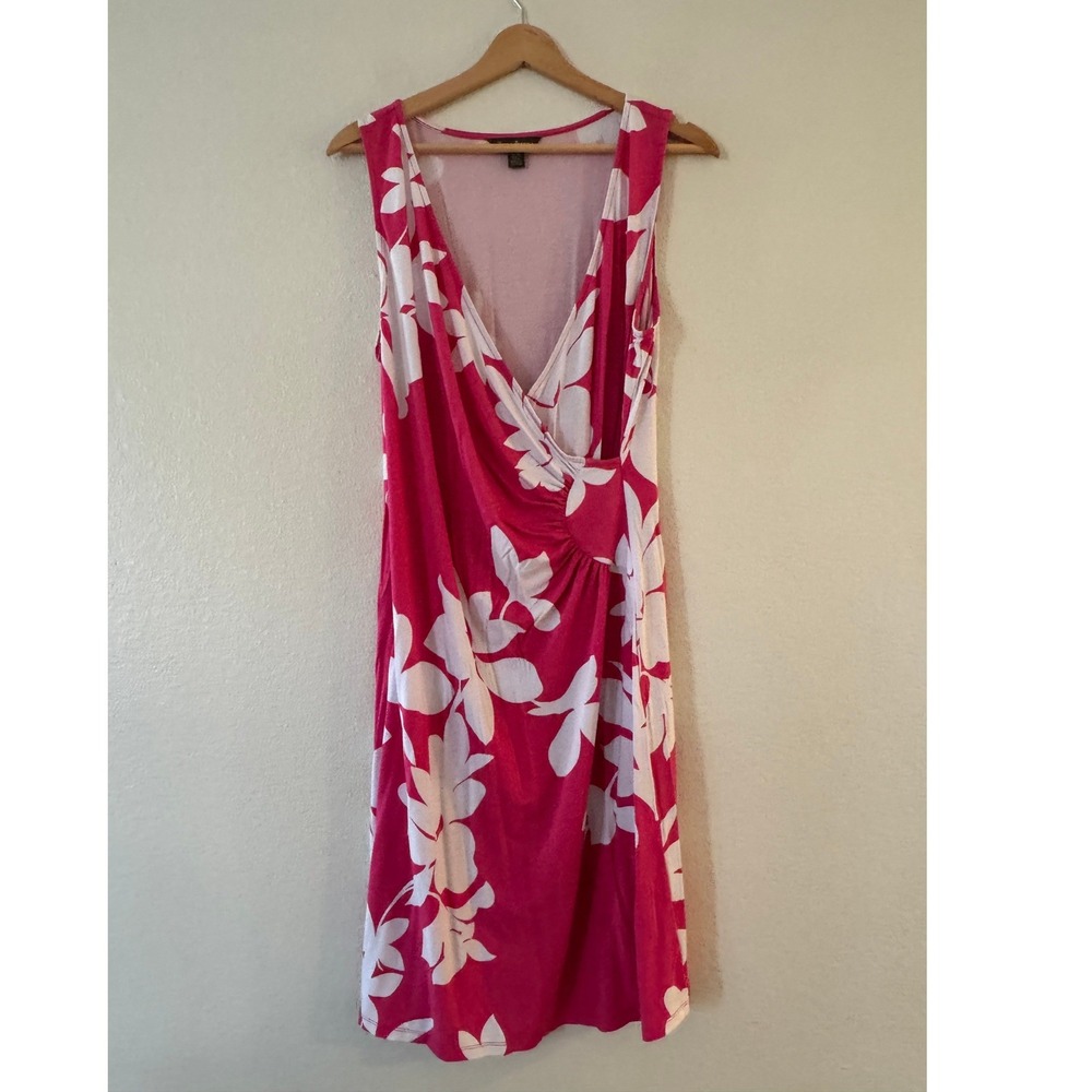 Tommy Bahama Floral Faux Wrap Dress Large Pink White Sleeveless Jersey Excellent